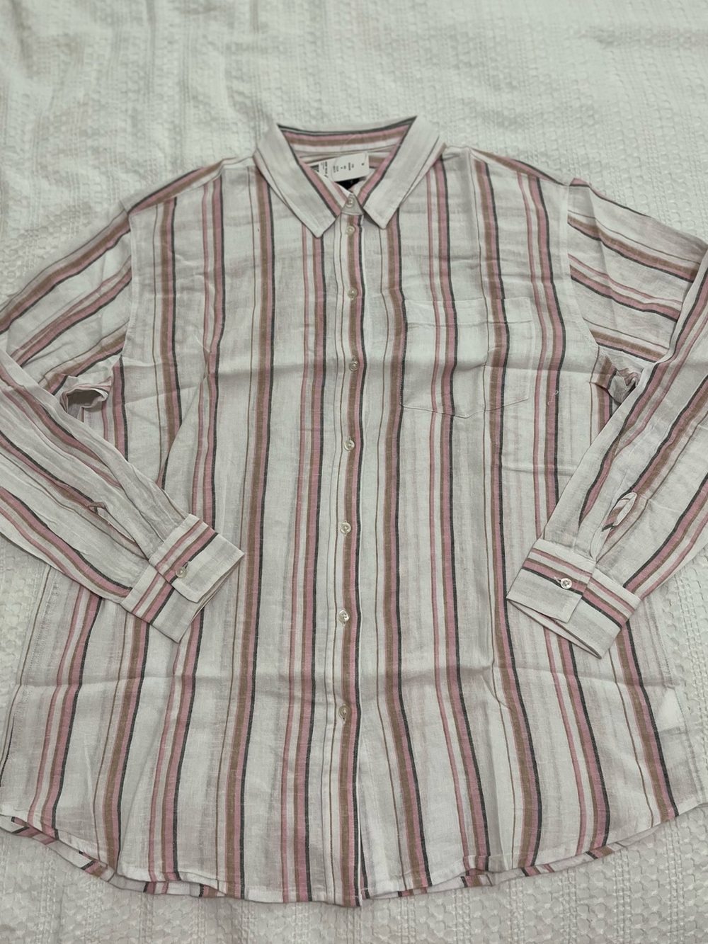 GAP Womens Linen Striped Button Down Shirt Pink White Brown Sz M Boho Casual